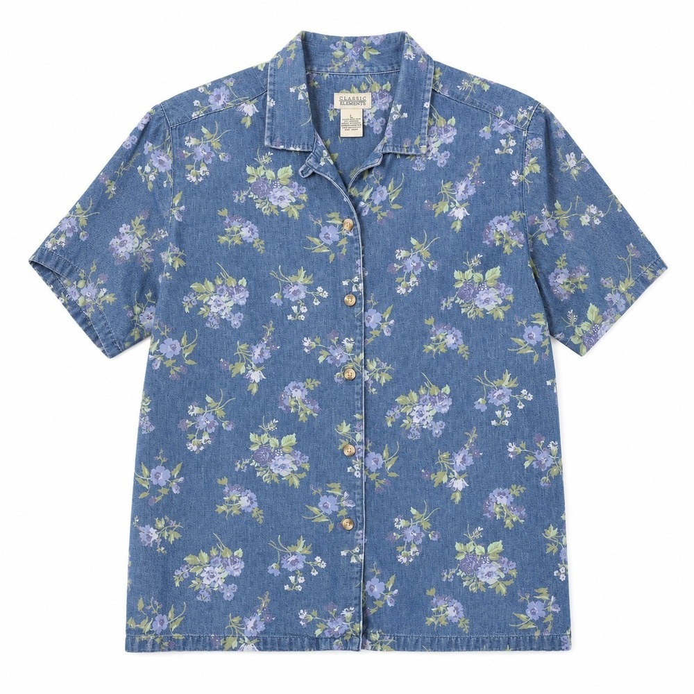 Classic Elements Women's L Floral Denim Chambray Shirt Button Front Cottagecore